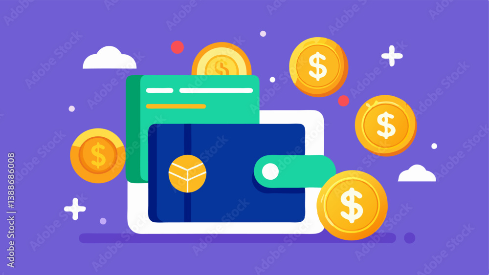 Poster coins and banknotes a digital wallet interface featuring animated coins and banknotes morphing into 