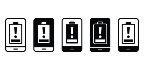 Smartphone Battery Low Icons Set Black and White Warning Symbols Vector Design
