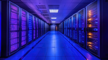 Fototapeta premium A long corridor with many server racks and glowing lights