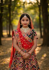Fototapeta premium Traditional Indian Attire in Forest Setting with Intricate Embroidery and Sunlit Background