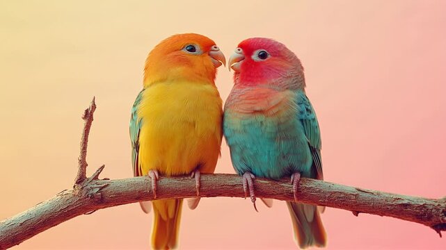 Two colorful lovebirds sitting closely on a natural wooden branch, with a dreamy pastel sky in the background. Suitable for marketing or business purposes