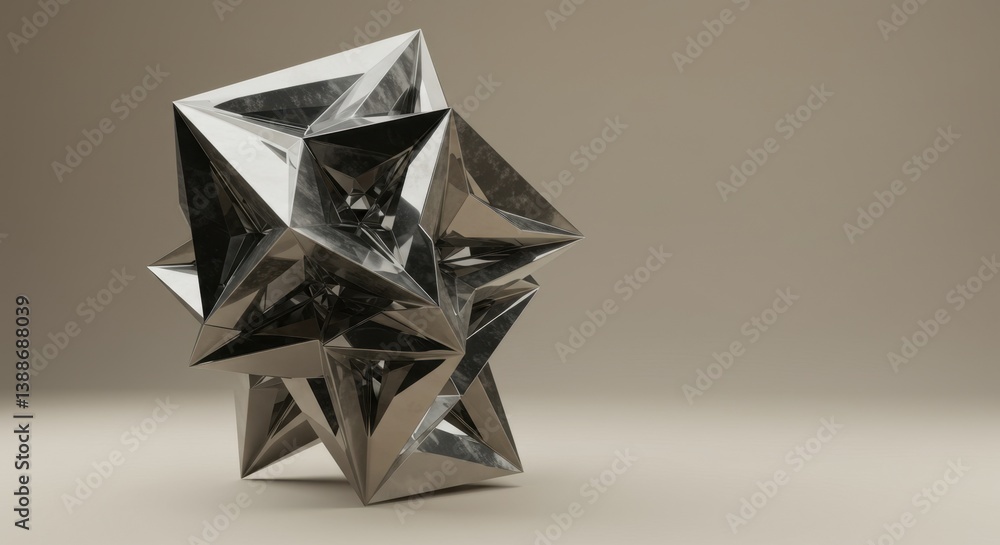 Poster abstract chrome geometric sculpture: a modern 3d render of interlocking polygons