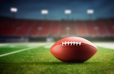 American football pigskin on a football field stadium background

