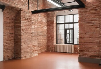 Fototapeta premium Interior space constructed with red bricks, showcasing a warm, rustic charm and industrial-inspired atmosphere. 