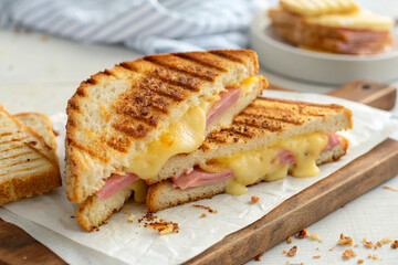 Cheesy Ham Toastie with Perfect Grill Marks, Oozing Flavor on White Background