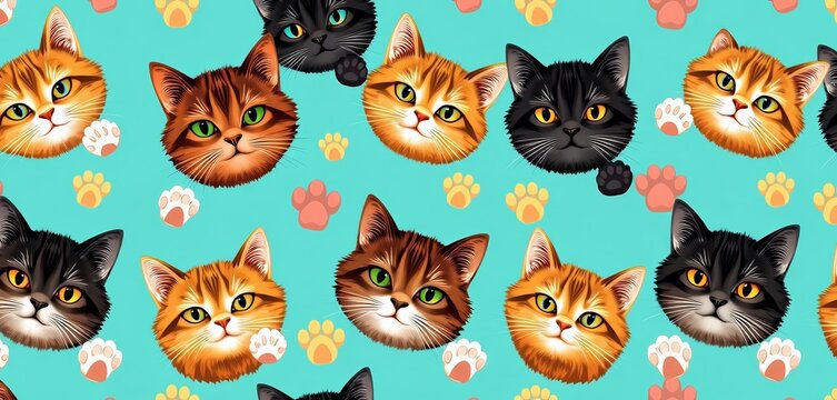Seamless vector pattern featuring adorable cat heads and paws, animal pattern, feline
