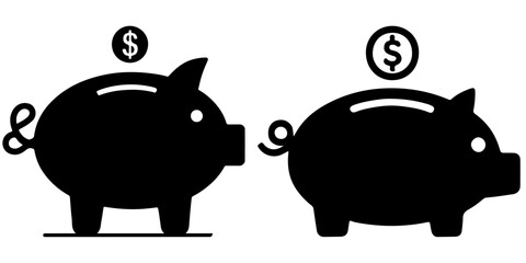 Two piggy banks, each with a dollar sign coin entering the top slot, symbolize saving money. The black and white vector image may represent financial growth and investment.