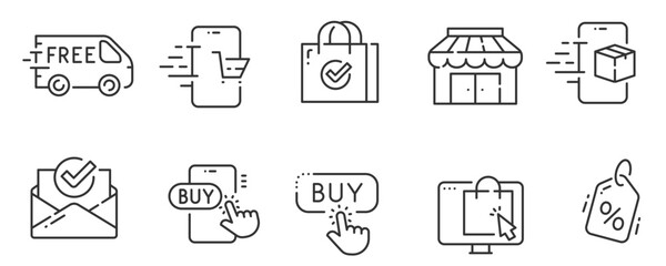 Set of shopping icons. Сollection of web icons for online store, such as discounts, delivery, contacts, payment, app store, location, shopping cart. Editable vector stroke