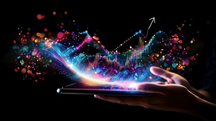 Hand holding tablet displaying vibrant, dynamic financial data graph with upward trend.