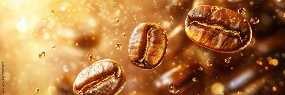 Poster coffee beans transformed into golden drops create a luxurious abstract background with soft glowing 