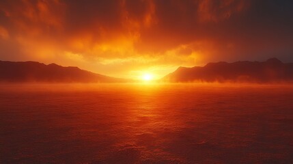 Fototapeta premium Fiery sunset. Water reflects the sun, silhouetted land, dramatic clouds fill the sky