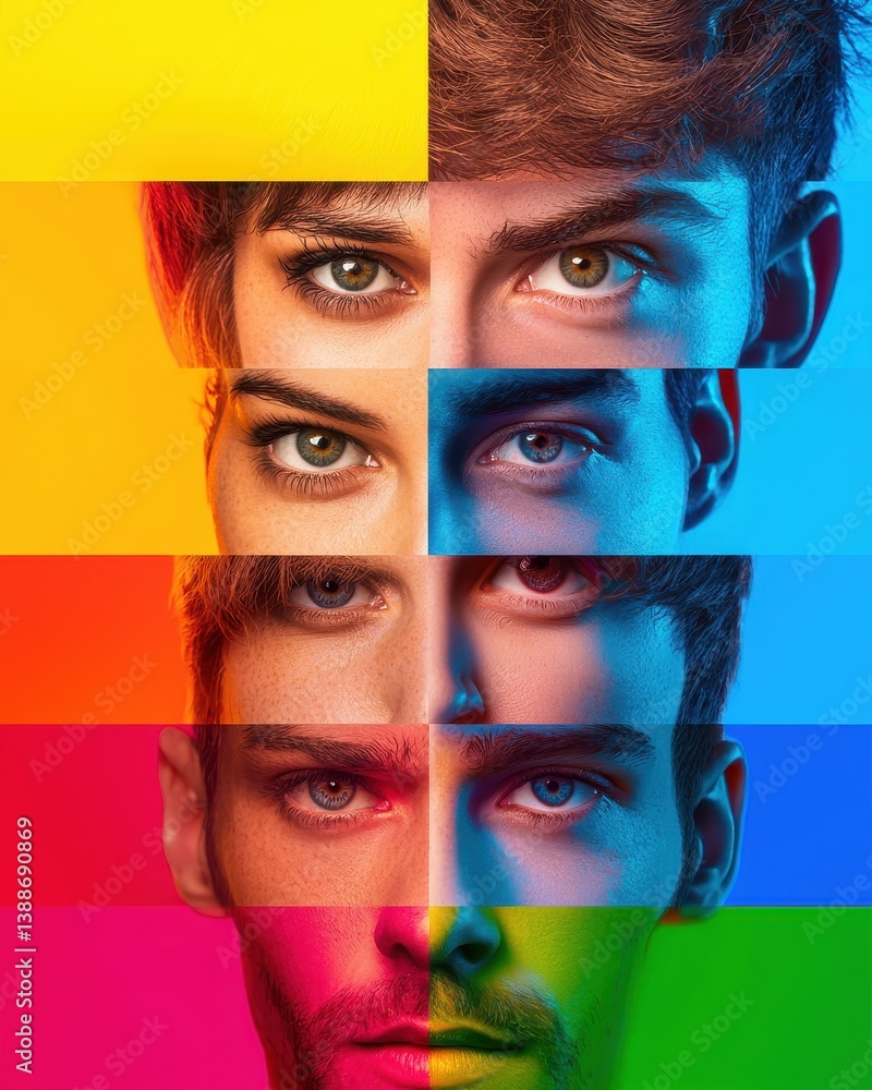 Poster a striking multicolored abstract portrait composed of fragmented facial features and bold vibrant co