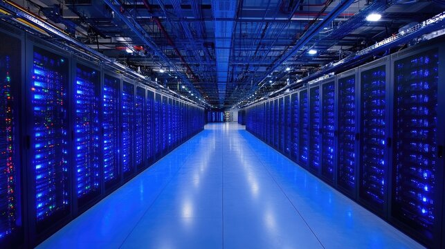A long perspective showcasing a data center with many servers