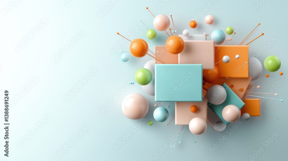 Poster a visually striking arrangement of various pastel colored geometric shapes including cubes spheres a