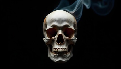 A burned cigarette forming a skull shape on a black background, with smoke rising, perfect for no tobacco day
