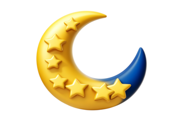 Isolated Illustration Of 3D Yellow Moon With Gold Stars On Transparent Background