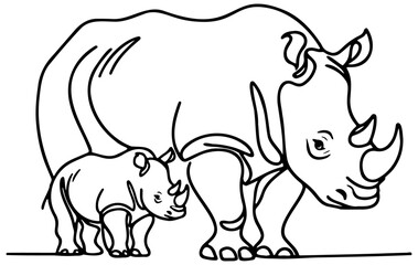 Rhino Mother and Baby Line Art.