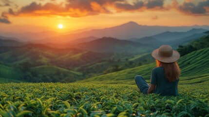 Fototapeta premium Woman meditating sunset tea plantation mountains
