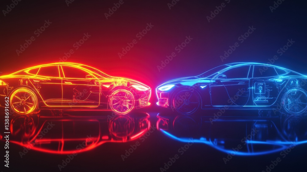 Poster Transitioning from gasoline to electric vehicles highlighted by glowing neon accents and a split background depicting both car types in a futuristic setting