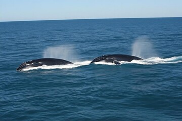 Fototapeta premium Two Whales Breaching Ocean Surface Under Bright Daytime Sunlight