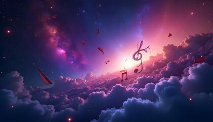 A mystical cosmic musical background featuring floating musical notes amidst a vibrant galaxy of stars and nebulae