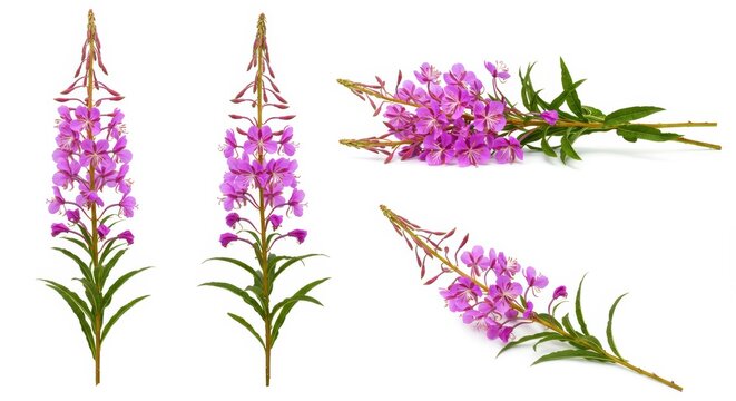 Elegant fireweed botanical arrangement against pure white backdrop highlighting simplicity