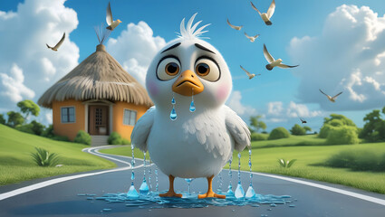 Whimsical White Bird Crying Under Blue SkY