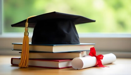 A close-up of a graduation cap with a gold tassel placed on top of stacked books and a diploma tied with a red ribbon, natural light from the window