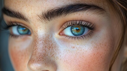 Fototapeta premium Close-up Person's face featuring blue/green eyes, freckles, eyebrows, eyelashes, and some hair