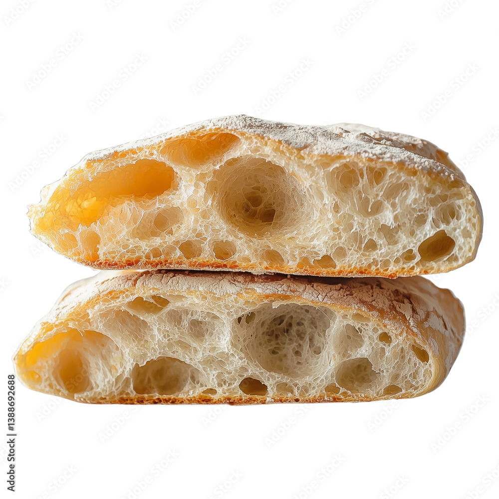 Poster close-up of a textured, layered slice of bread showcasing its airy structure and golden crust isolat