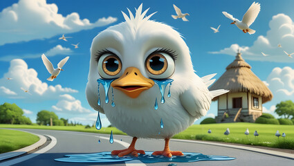 Emotional Bird Scene with Clouds and Cottage