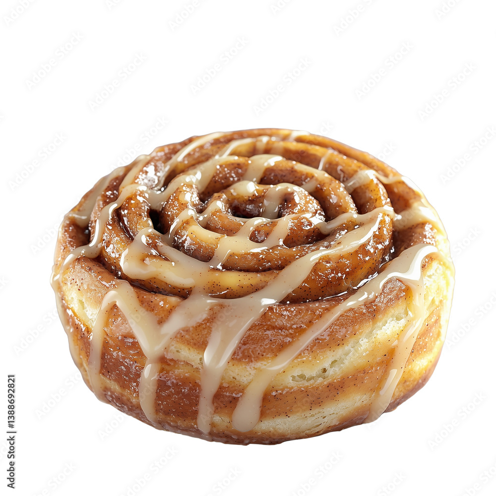 Poster delicious cinnamon roll drizzled with icing, showcasing a spiral pattern and warm, inviting texture 