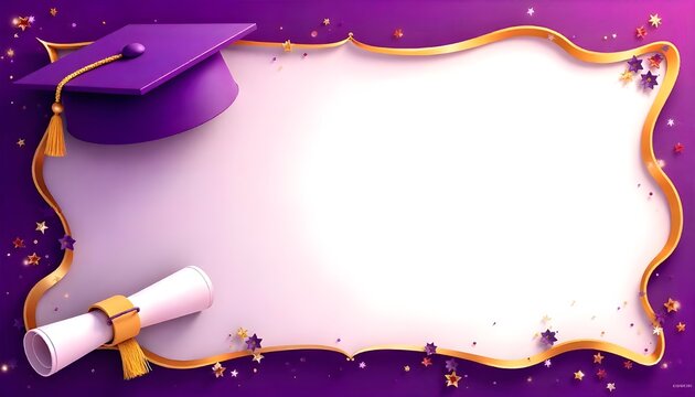 A stylish purple and gold banner adorned with a graduation cap and rolled diploma, designed with ample blank space perfect for adding personalized graduation messages or celebratory text