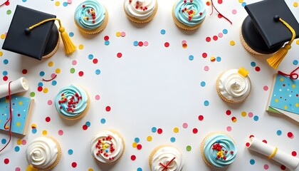 An overhead shot of graduation party decorations cap-shaped cookies, diploma cupcakes, confetti, and congratulation cards