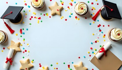 An overhead shot of graduation party decorations cap-shaped cookies, diploma cupcakes, confetti, and congratulation cards