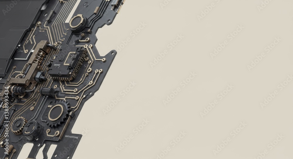 Poster abstract closeup of intricate circuit board design with gears and chips, technological background