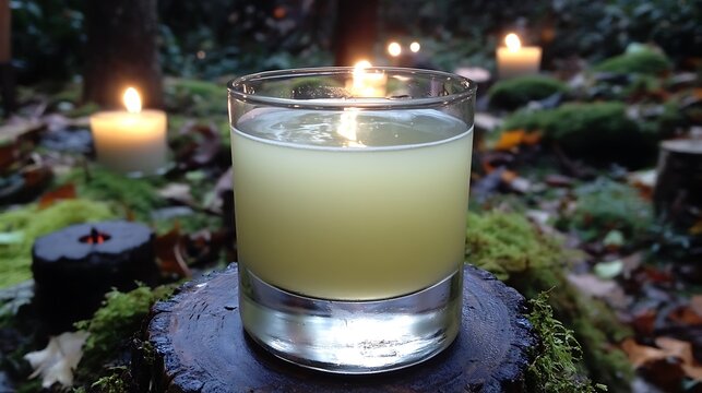 Enchanted autumn elixir: A glass of luminous refreshment amidst woodland ambience