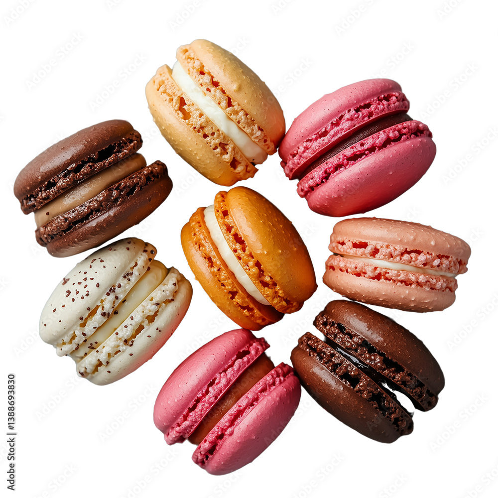 Poster colorful assortment of macarons arranged in a circular pattern showcasing various flavors and textur