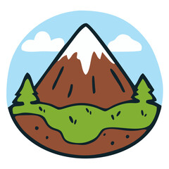 Brown soil sky mountain landscape in circle. Editable color vector