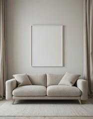 Neutral toned living room interior with textured sofa and blank artwork frame