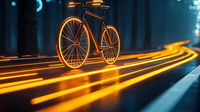 Neon-lit bicycle on a glowing forest path at night