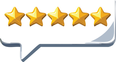 Fototapeta premium Five star rating, positive feedback 3d style. Customer review with five metallic golden stars in speech