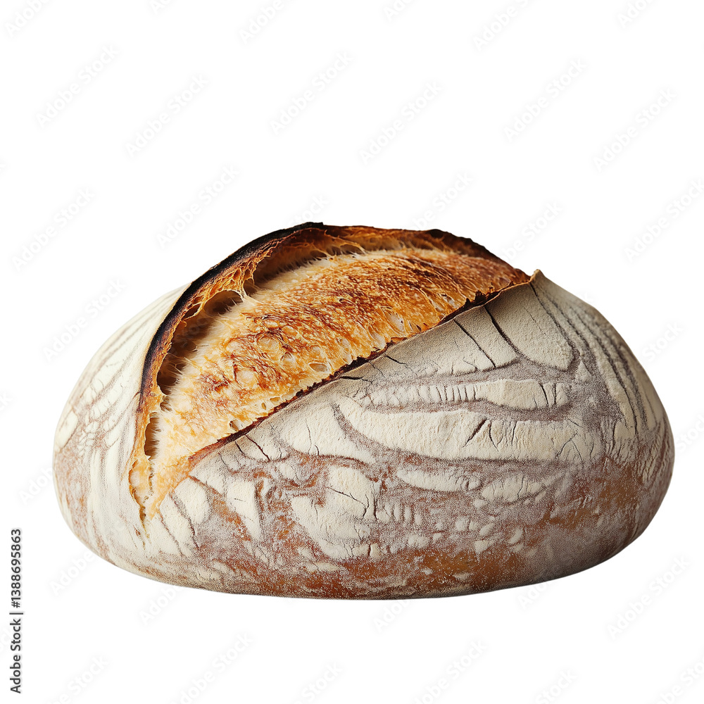 Poster rustic round loaf of bread with a golden crust and textured surface, set isolated on white backgroun