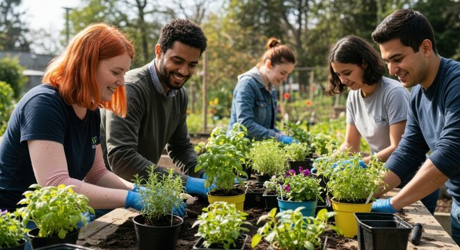 Community Garden Teamwork: Young Adults Planting Herbs and Flowers Together in a Vibrant Outdoor Setting
