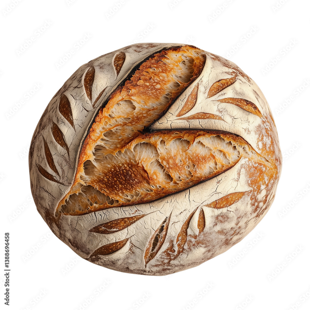 Poster artistic depiction of a round loaf of bread with intricate leaf patterns, highlighting its texture a