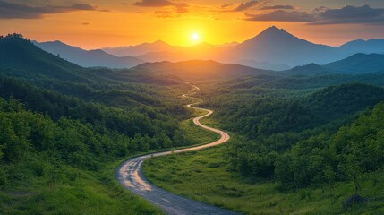 Sunset over winding road through verdant hills, leading to distant mountains. Serene, tranquil