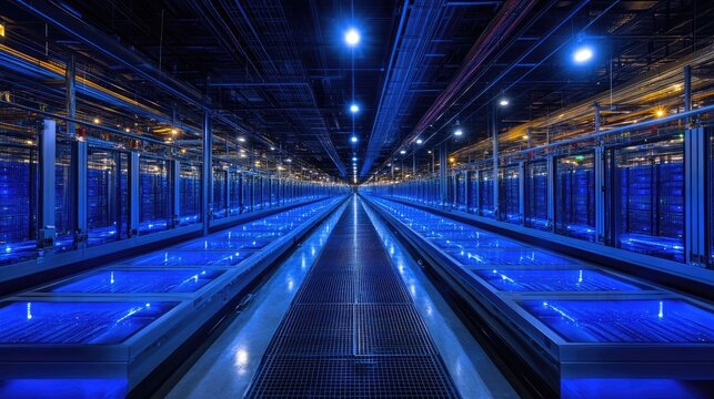 An expansive server room features rows of computer equipment in blue light