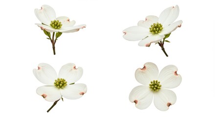 Four isolated dogwood blossoms elegantly arranged on a pure white canvas