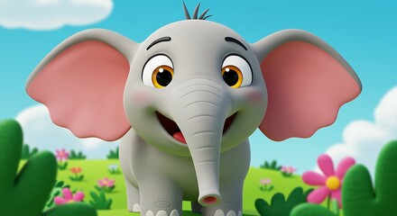 Cute Cartoon Elephant Smiling in a Flower Filled Field Illustration
