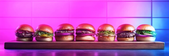 Gourmet mini burgers on rustic board with neon ambient lighting in modern setting